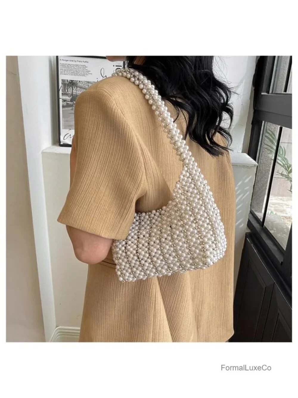 Beaded Pearl Shoulder Bag Hobo Tote Magnetic Closure Evening Party Handbag